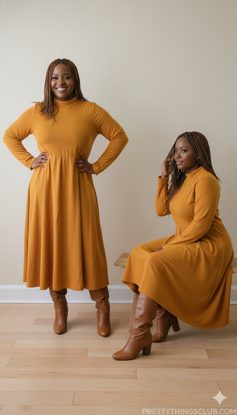 The "Amber Radiance" Mock-Neck Midi (Flatter My Waist Dress)