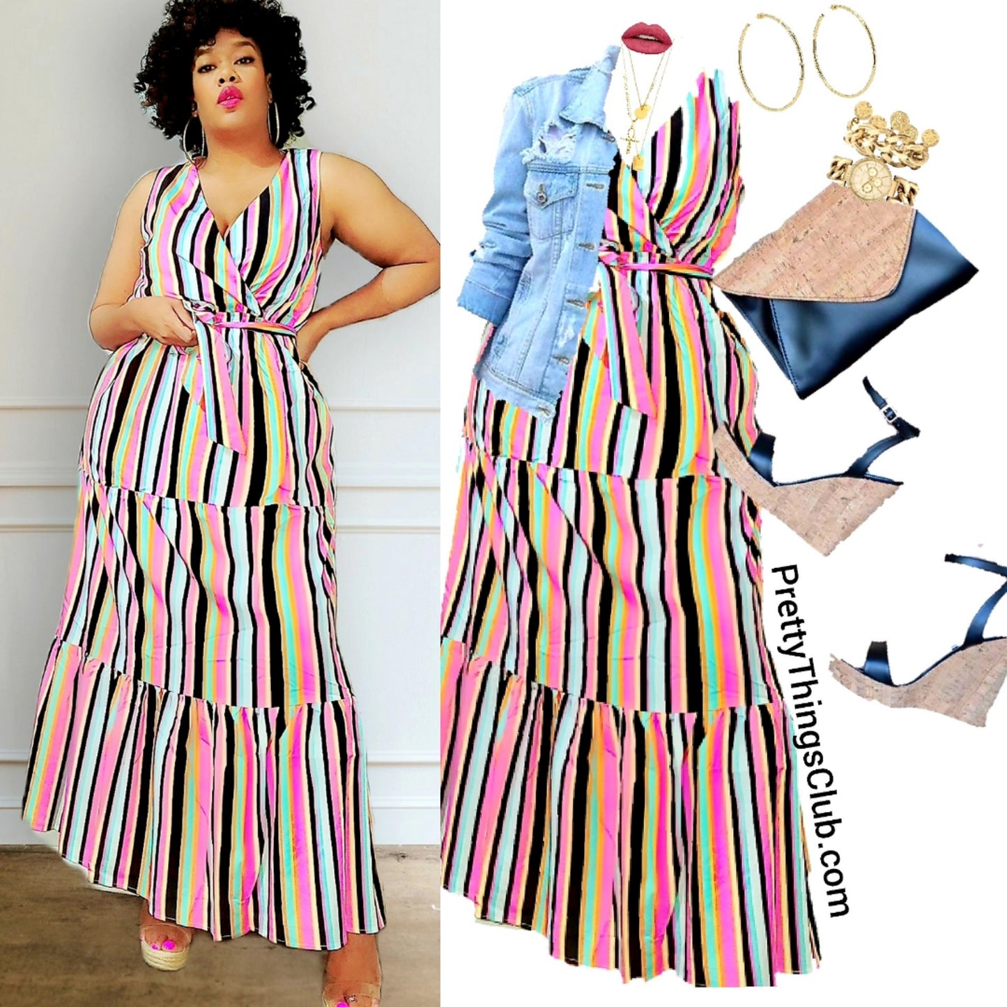 Stripe Right- Sleeveless Elastic Waist (with Tie Belt) Tier Maxi Dress