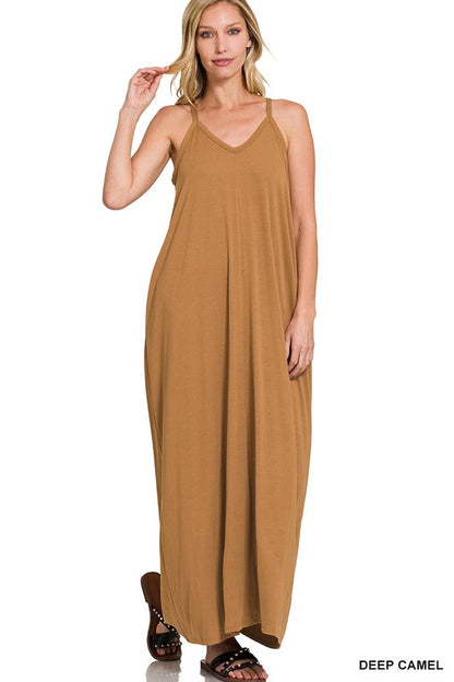 V-NECK CAMI MAXI DRESS WITH SIDE POCKETS