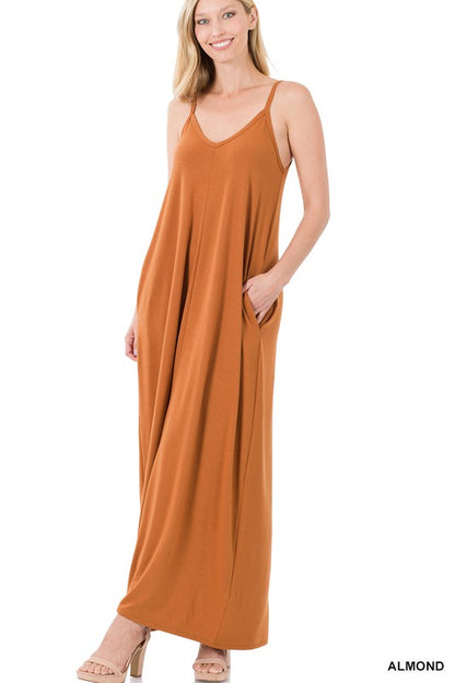 V-NECK CAMI MAXI DRESS WITH SIDE POCKETS