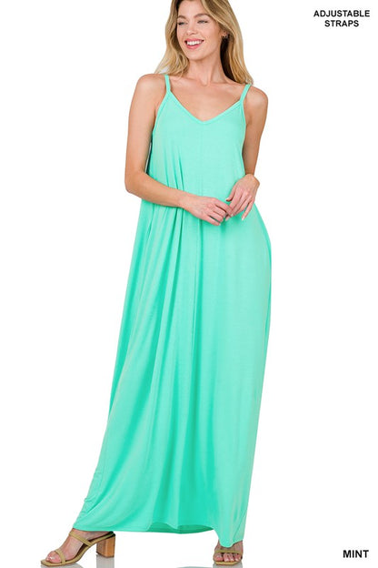 V-NECK CAMI MAXI DRESS WITH SIDE POCKETS