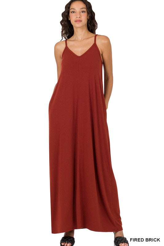 V-NECK CAMI MAXI DRESS WITH SIDE POCKETS