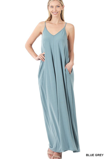 V-NECK CAMI MAXI DRESS WITH SIDE POCKETS