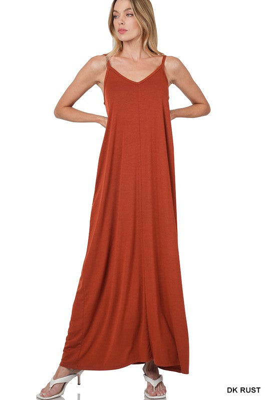 V-NECK CAMI MAXI DRESS WITH SIDE POCKETS