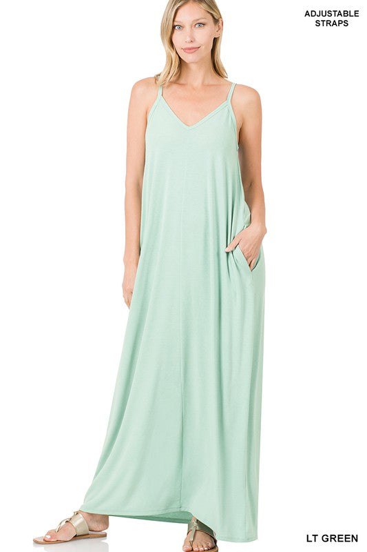 V-NECK CAMI MAXI DRESS WITH SIDE POCKETS