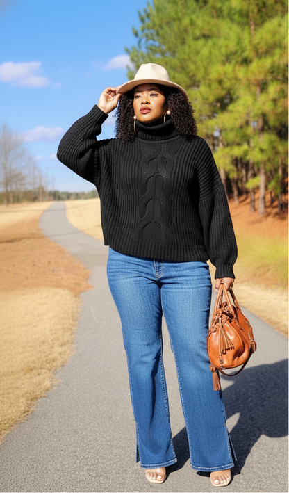 Woman in black sweater and blue jeans standing on a path with trees in the background