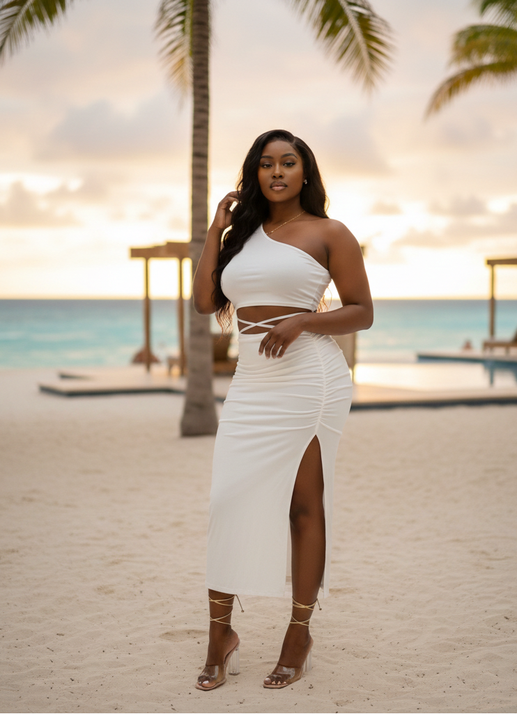 All White Party-  One Shoulder Crop & Side Slit Hem Skirt