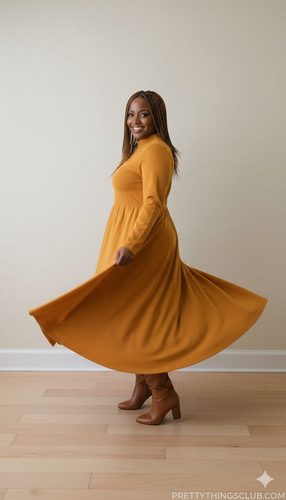 The "Amber Radiance" Mock-Neck Midi (Flatter My Waist Dress)