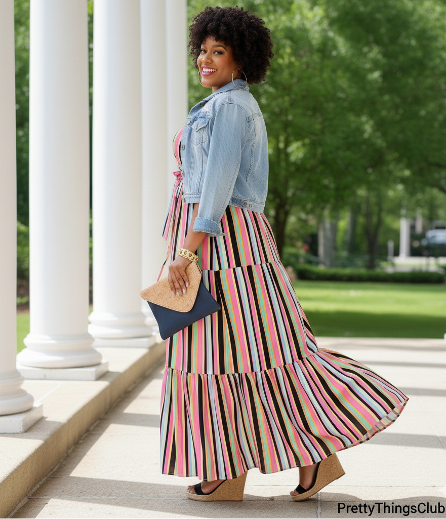 Stripe Right- Sleeveless   Elastic Waist (with Tie Belt) Tier Maxi Dress