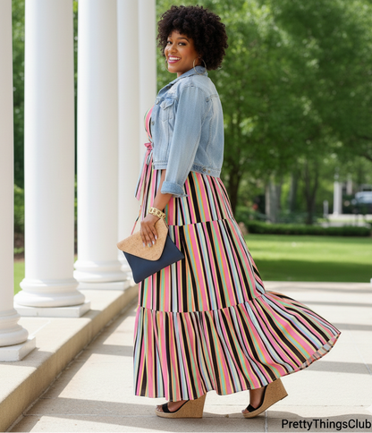 Stripe Right- Sleeveless   Elastic Waist (with Tie Belt) Tier Maxi Dress