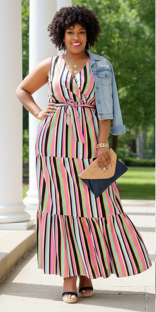 Stripe Right- Sleeveless   Elastic Waist (with Tie Belt) Tier Maxi Dress