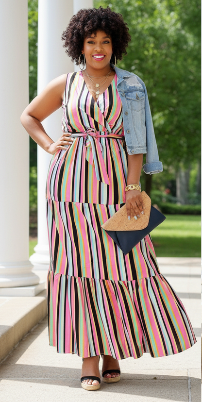 Stripe Right- Sleeveless   Elastic Waist (with Tie Belt) Tier Maxi Dress