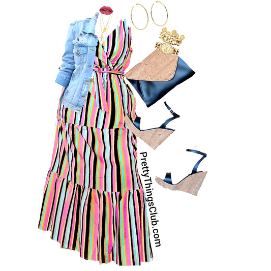 Stripe Right- Sleeveless   Elastic Waist (with Tie Belt) Tier Maxi Dress